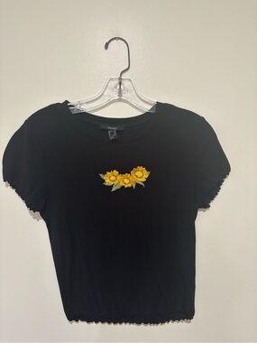 Forever 21 Black Tee with Yellow Sunflower Embroidery